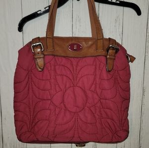 large Fossil Red Sunflower Quilted Shoulder Bag with Leather Trim12 inches tall